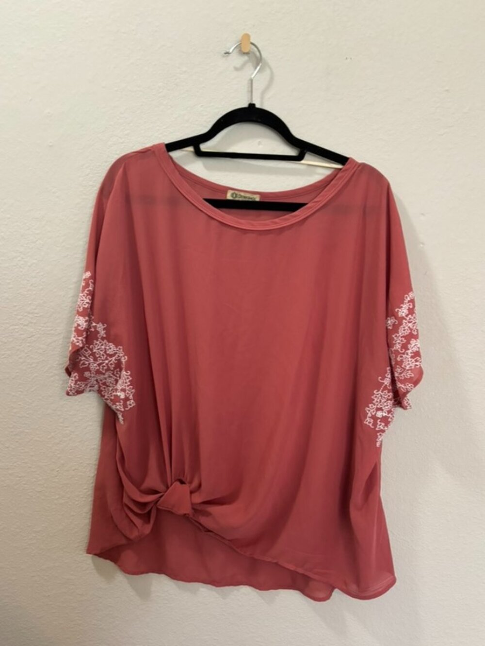 Democracy Coral Embroidered Sleeve Sheer Blouse Size 2X